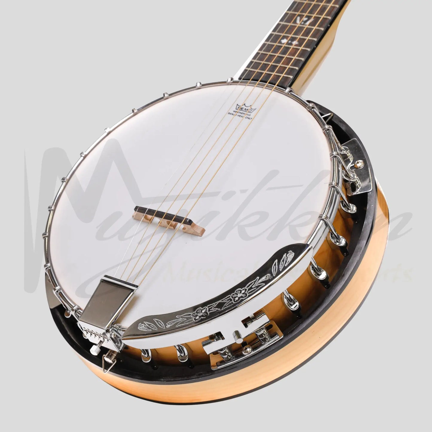 Heartland 6 String Deluxe Irish Banjo Left Handed 24 Bracket With Closed Solid Back Maple Finish